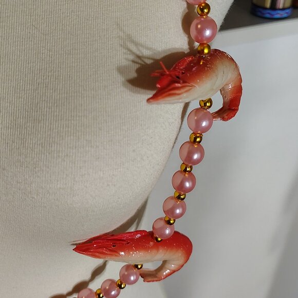 Crawfish Mardi Gras Beads Faux Pink Pearl Shrimp Nautical Necklace - Picture 6 of 7